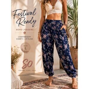 SO Floral Boho Harem Jogger Pants Navy Pink Floral Rayon Size Large
